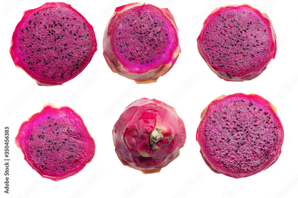 collection of sliced red dragon fruit isolated on white clipping path. collection of sliced red dragon fruit isolated on white clipping path.