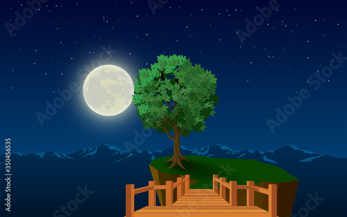 landscape of tree on the cliff in the full moon night