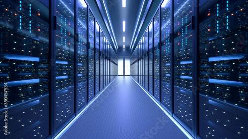 Working Data Center Full of Rack Servers and Supercomputers, Modern Telecommunications, Artificial Intelligence, Supercomputer Technology Concept.3d rendering,conceptual image. photo
