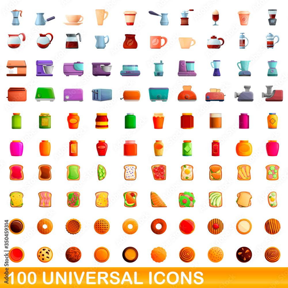 100 universal icons set. Cartoon illustration of 100 universal icons vector set isolated on white background 100 universal icons set. Cartoon illustration of 100 universal icons vector set isolated on white background