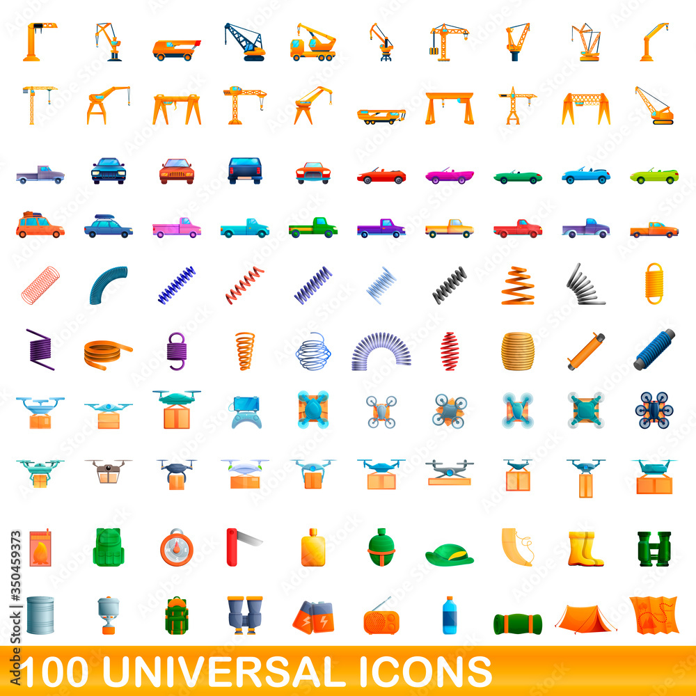 Fototapeta premium 100 universal icons set. Cartoon illustration of 100 universal icons vector set isolated on white background