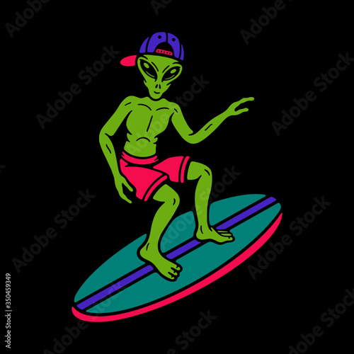 alien surfing on black background	