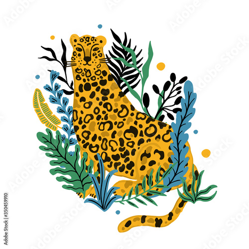 Leopard animal seamless pattern. Tropical plant leaves background.