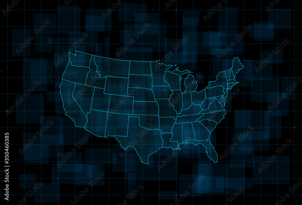 Fototapeta Mapa HUD USA. Futurystyczny cyfrowy ciemnoniebieskie tło. Wektor