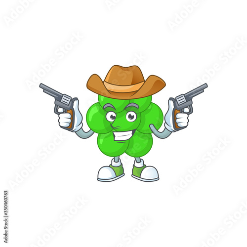 A masculine cowboy cartoon drawing of staphylococcus aureus holding guns