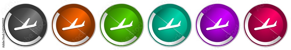 Arrivals icon set, flight, airplane silver metallic chrome border vector web buttons in 6 colors options for webdesign Arrivals icon set, flight, airplane silver metallic chrome border vector web buttons in 6 colors options for webdesign