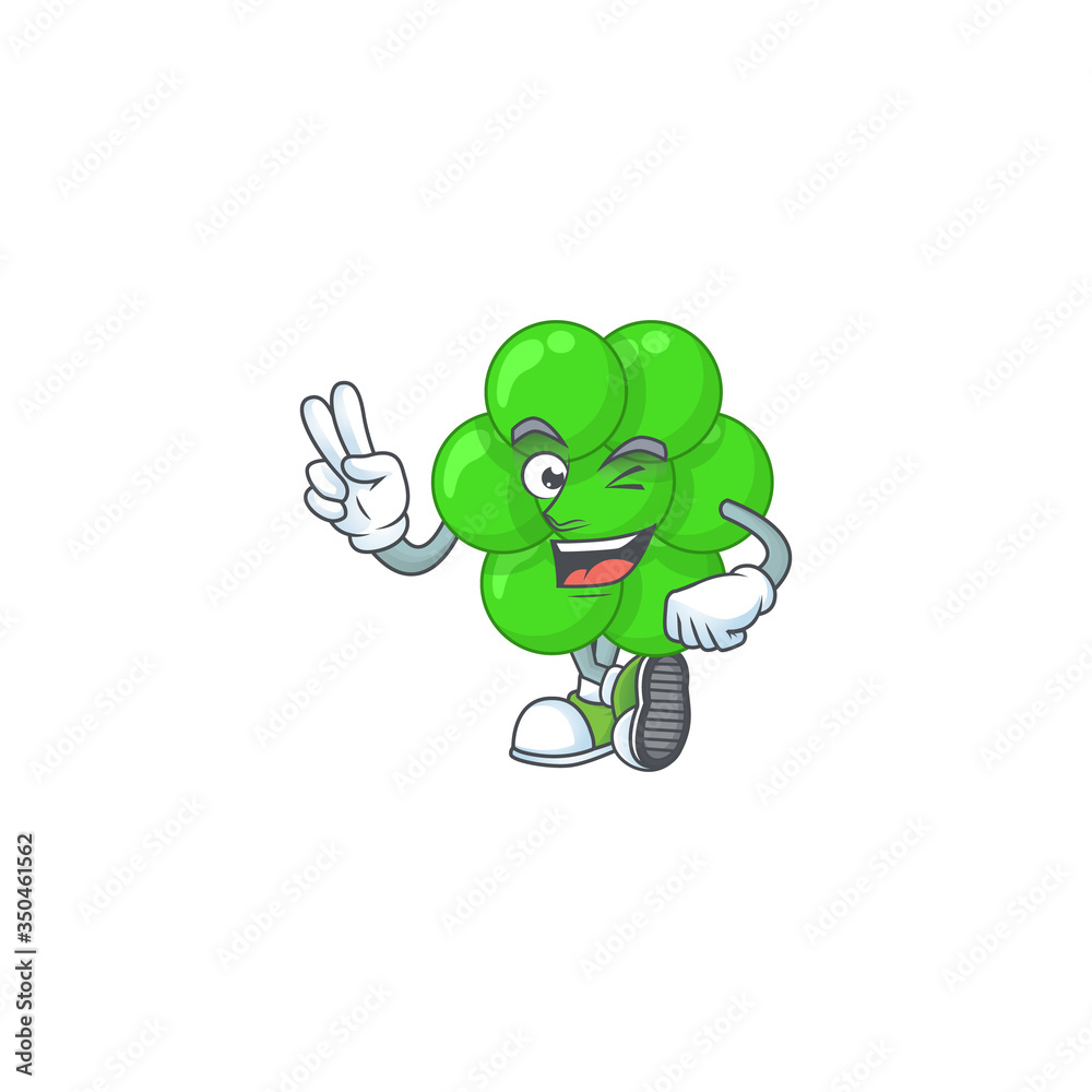 Obraz premium smiling staphylococcus aureus cartoon mascot style with two fingers