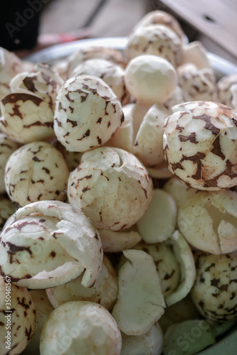Closeup of coconut seed, raw food ingredient.