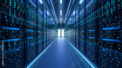 Working Data Center Full of Rack Servers and Supercomputers, Modern Telecommunications, Artificial Intelligence, Supercomputer Technology Concept.3d rendering,conceptual image.