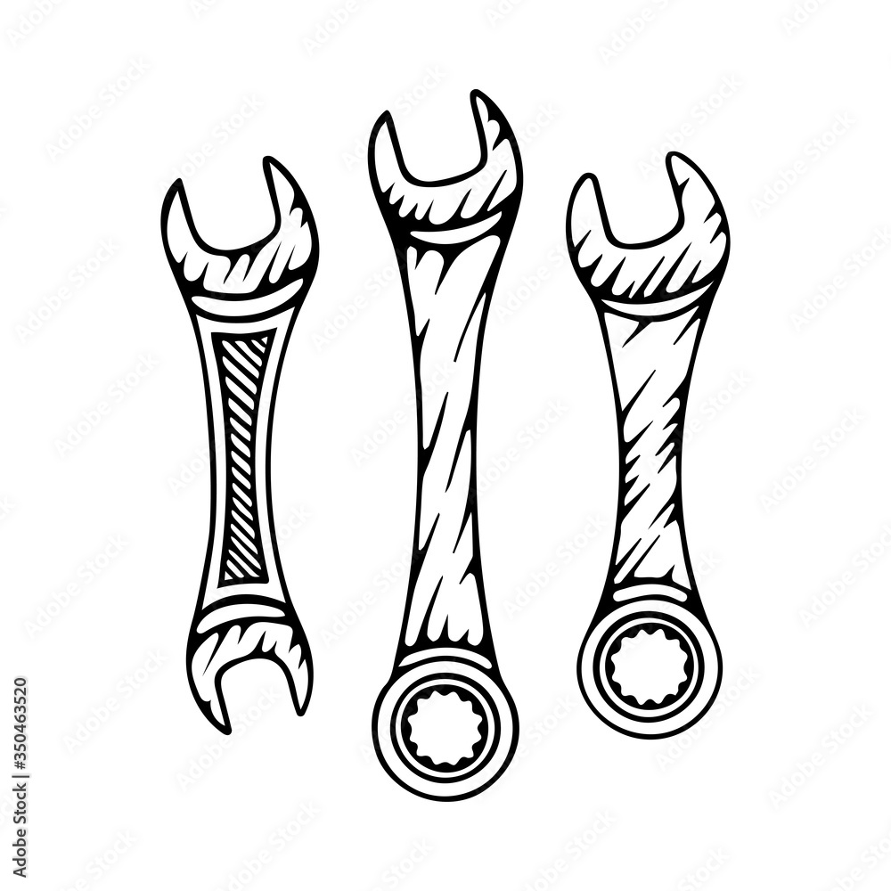 Adjustable wrench hand drawing vector illustrations. Water pump pliers
