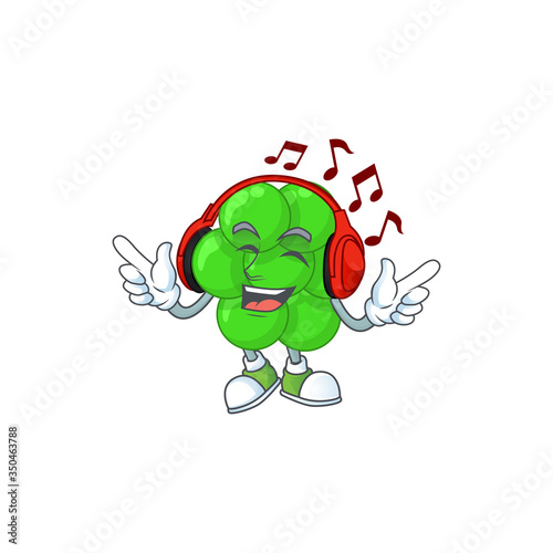 Cartoon drawing design of staphylococcus aureus listening to the music with headset