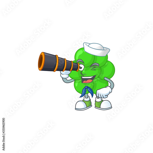 cartoon picture of staphylococcus aureus in Sailor character using a binocular