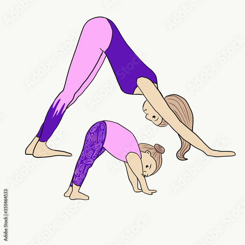 Yoga. mom and daughter do yoga. vector set of images of yoga pose dog  face down child and woman