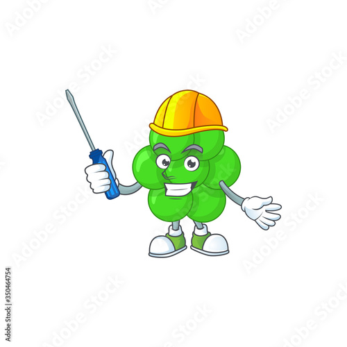 A cartoon image of staphylococcus aureus in a automotive character