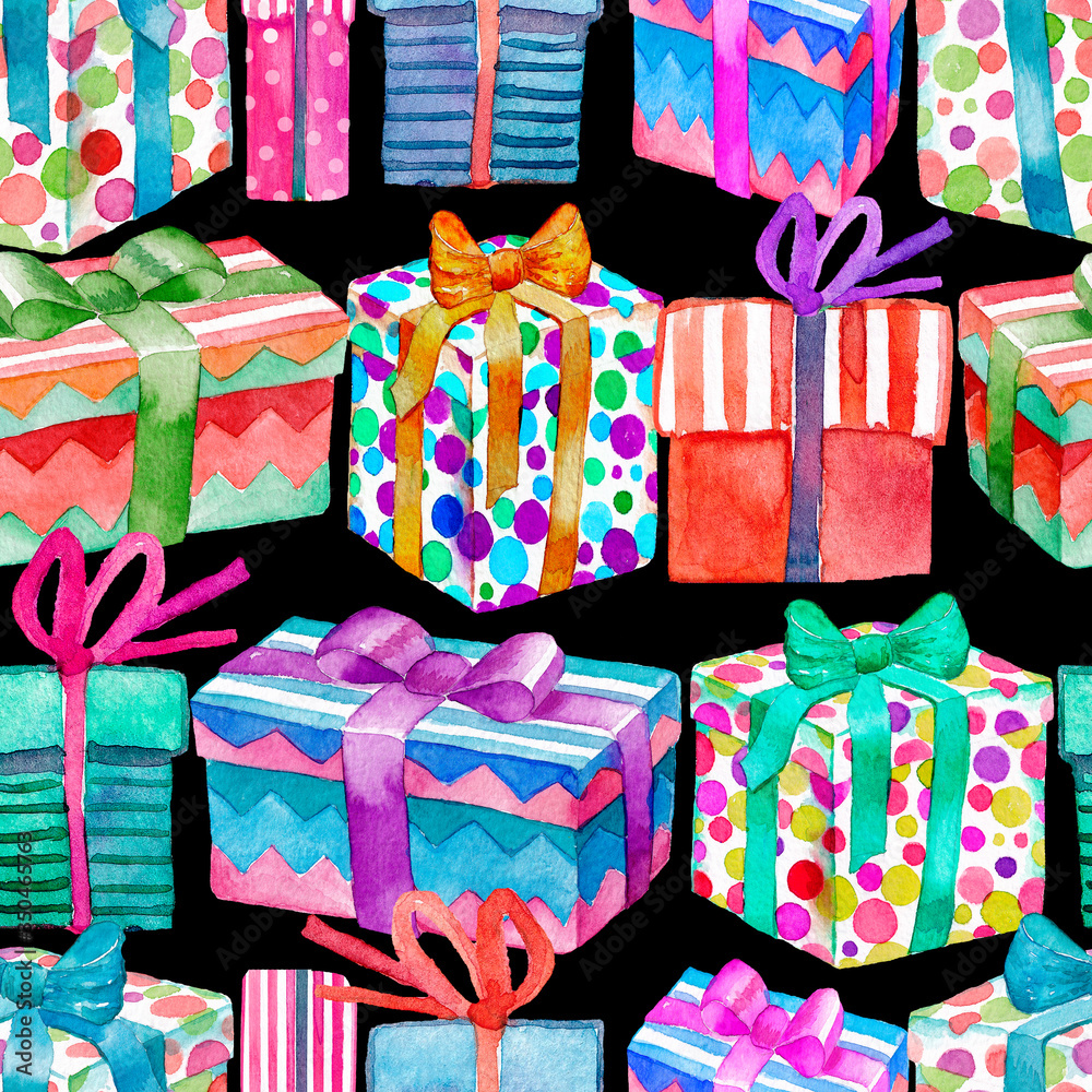 Gift boxes, watercolors.Seamless pattern.Fabric design, packaging paper.Birthday, new year's holiday, gifts. Gift boxes, watercolors.Seamless pattern.Fabric design, packaging paper.Birthday, new year's holiday, gifts.