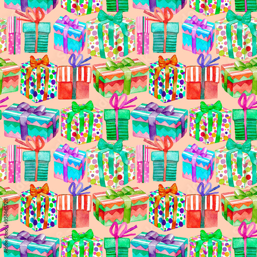 Gift boxes, watercolors.Seamless pattern.Fabric design, packaging paper.Birthday, new year's holiday, gifts.