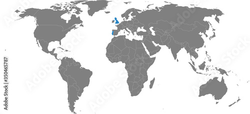 United kingdom, Portugal countries isolated on world map. Light gray background. Business concepts, diplomatic, trade and transport relations.