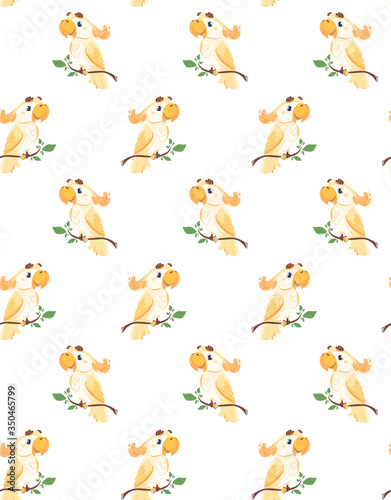 Fototapeta Naklejka Na Ścianę i Meble -  seamless vector pattern with australian cockatoo that sits on a branch. Funny bright parrot, for printing on t-shirts, packaging, paper, posters. Cute character bird in a flat style. Isolated white