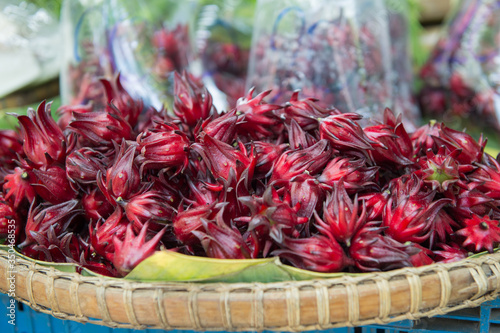 Closeup of red roselle in market