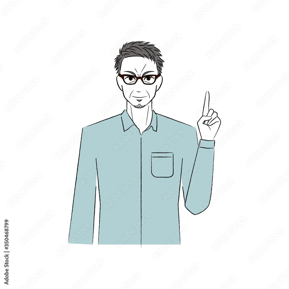 指差しをして微笑む男性