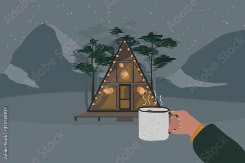 a-frame little house. Cabin in the woods vector illustration. Hand with tea or coffee