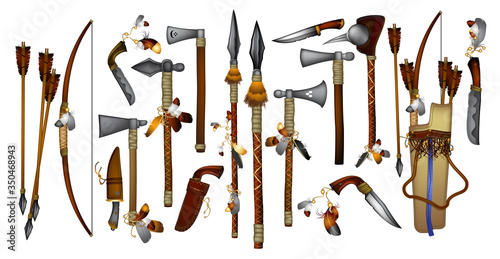 Set of ancient weapons - axes, bows, arrows, knives. Detailed realistic illustration.