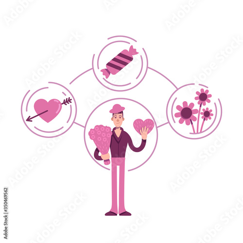 Lover archetype flat concept vector illustration. Young guy with flowers bouquet 2D cartoon character for web design. Boyfriend going on date. Romantic personality type creative idea