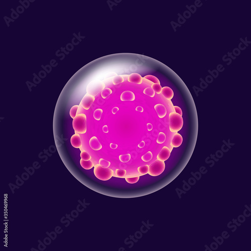 Body virus realistic vector illustration. Bacterial cell. Pathogenic organism. 3d isolated pink color circle shape bacillus. Microorganism under microscope on dark blue background