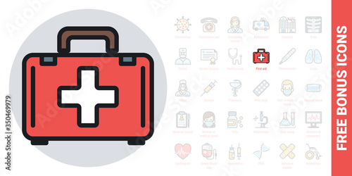 First aid, help or doctor bag icon. Simple color version. Free bonus icons kit included