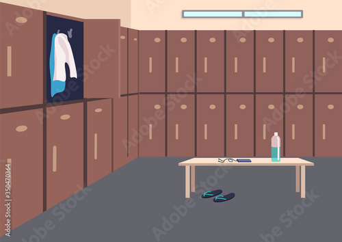 Empty locker room flat color vector illustration. Fitness club, sports club, gym 2D cartoon interior with metal lockers on background. Change clothing storage, personal belongings safekeep