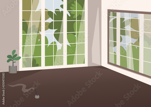 Empty spacious room flat color vector illustration. Cozy apartment 2D cartoon interior with no furniture on background. Large accommodation room with aroma sticks, decorative plant and nobody inside