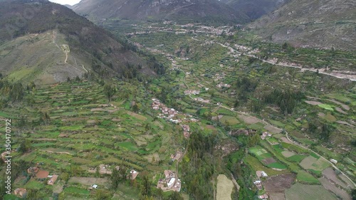 Road that crosses a beautiful  valley in the middle of the andes mountain with farms in Peru called EL VALLE DEL MANTARO. photo