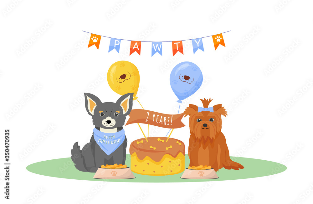 Obraz premium Dog birthday flat color vector character. Cute puppy in festive hat. Safe cake for domestic animal. Pet bday celebration isolated cartoon illustration for web graphic design and animation