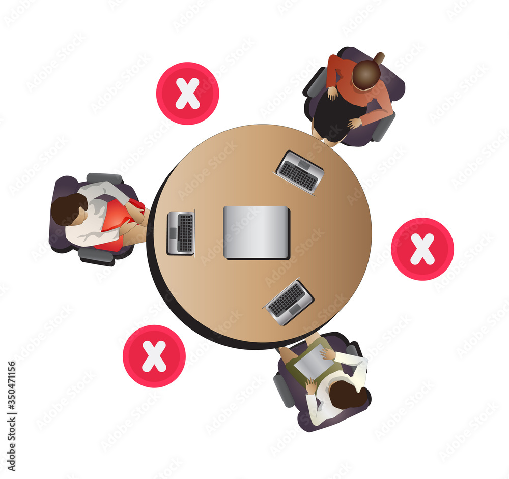 Social distancing at office meeting room. Employees are working together in meeting room with