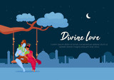 Divine love poster flat vector template. Pray to Shiva and Parvati for blessing. Indian tradition. Brochure, booklet one page concept design with cartoon characters. Teej festival flyer, leaflet
