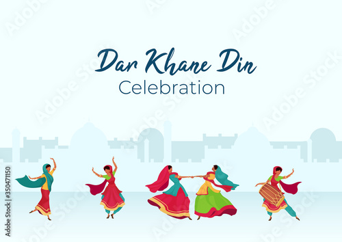 Dar Khane Din celebration poster flat vector template. Indian woman dance and sing to celebrate. Brochure, booklet one page concept design with cartoon characters. Teej festival flyer, leaflet
