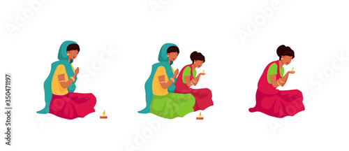 Puja ritual flat color vector faceless characters set. Traditional indian religious ceremony. Woman in saree light candle. Teej festival prayer isolated cartoon illustrations on white background
