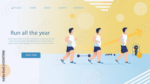 The concept of the weight loss process. The man runs and loses weight. Active life, sports lifestyle, healthy eating. Running process. Body changes, Shaping through running. Flat Vector Illustration