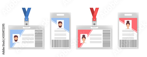 Corporate id cards flat icon set. Employee name badge and staff pass with photo isolated vector illustration collection. Identification and organization concept