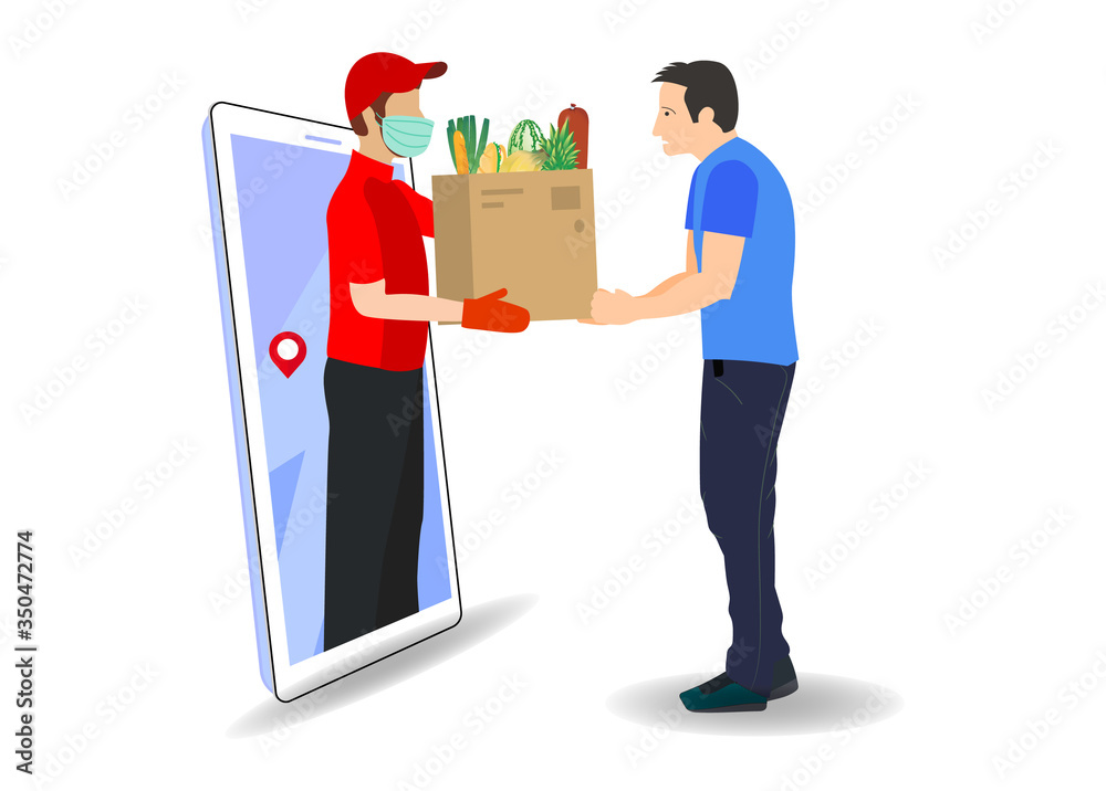Online vegetable delivery for home and society. Peoples can buy vegetable, fruits and foods with online mobile application. Home delivery with proper safety and hygienic. Delivery boy wearing mask.