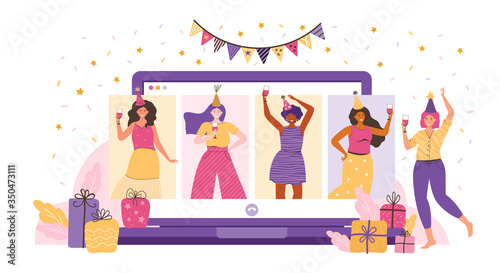 Online party, birthday, meeting friends. Friends communicate via video chat. Women have fun, laugh, talk and drink wine. Online chat using the video app. Fun time at home. Vector flat illustration.