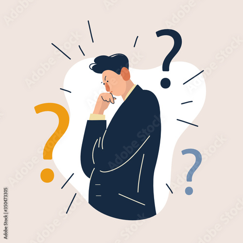 Thinking businessman with question marks. Flat cartoon style vector illustration.