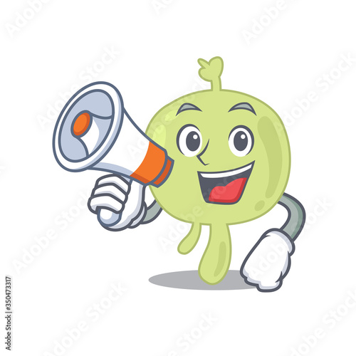 Mascot design of lymph node announcing new products on a megaphone