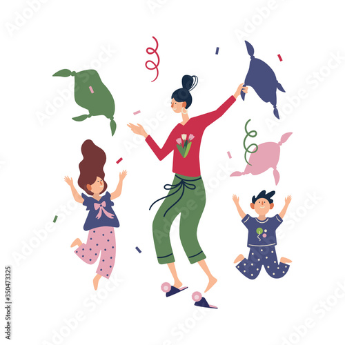 Woman with kids on pajama party. Pillow fight. Flat vector illustration on white background. 