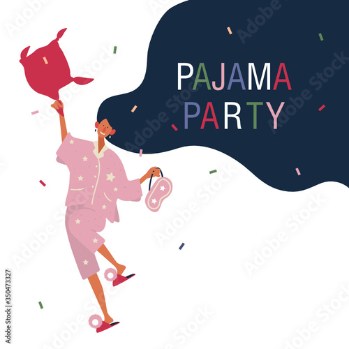 Woman on pajama party. Flat vector illustration on white background. 
