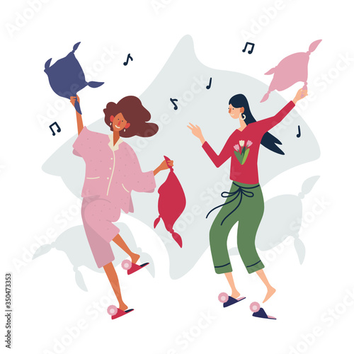 Pillow fight. Two happy smiling woman playing in pajamas. Flat vector illustration on white background.