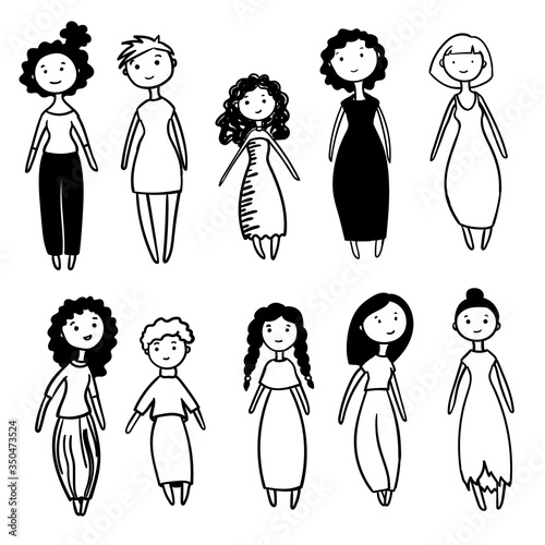 cute simple girls. stylish happy persons. different hairstyles and dresses