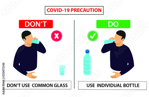 Do and don't poster of covid 19 corona virus. Safety instruction for office employees and staff. Don't use common glass and use individual water bottle. Vector illustration of covid-19 awareness.