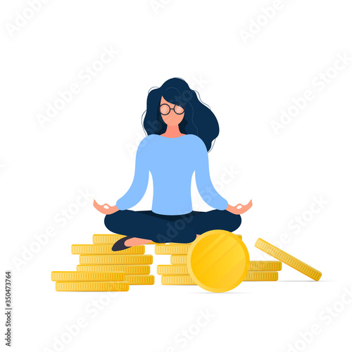 A girl is meditating on a mountain of gold coins. A woman in lotus position sits on a mountain of money. The concept of savings and capital. Isolated. Vector.