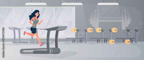 Large gym. Girl runs on a treadmill. Woman running on the simulator in the gym. The concept of sport and healthy lifestyle. Vector.